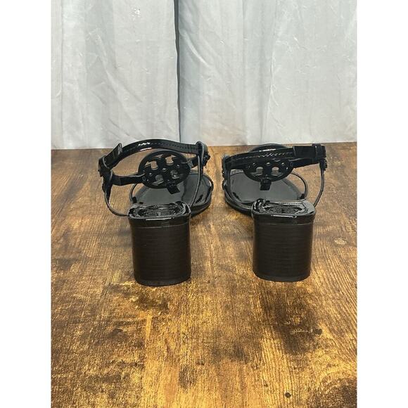 Tory Burch Miller Black Patent Leather T Strap Logo Block Sandals Size 10.5 Heel - Picture 5 of 10